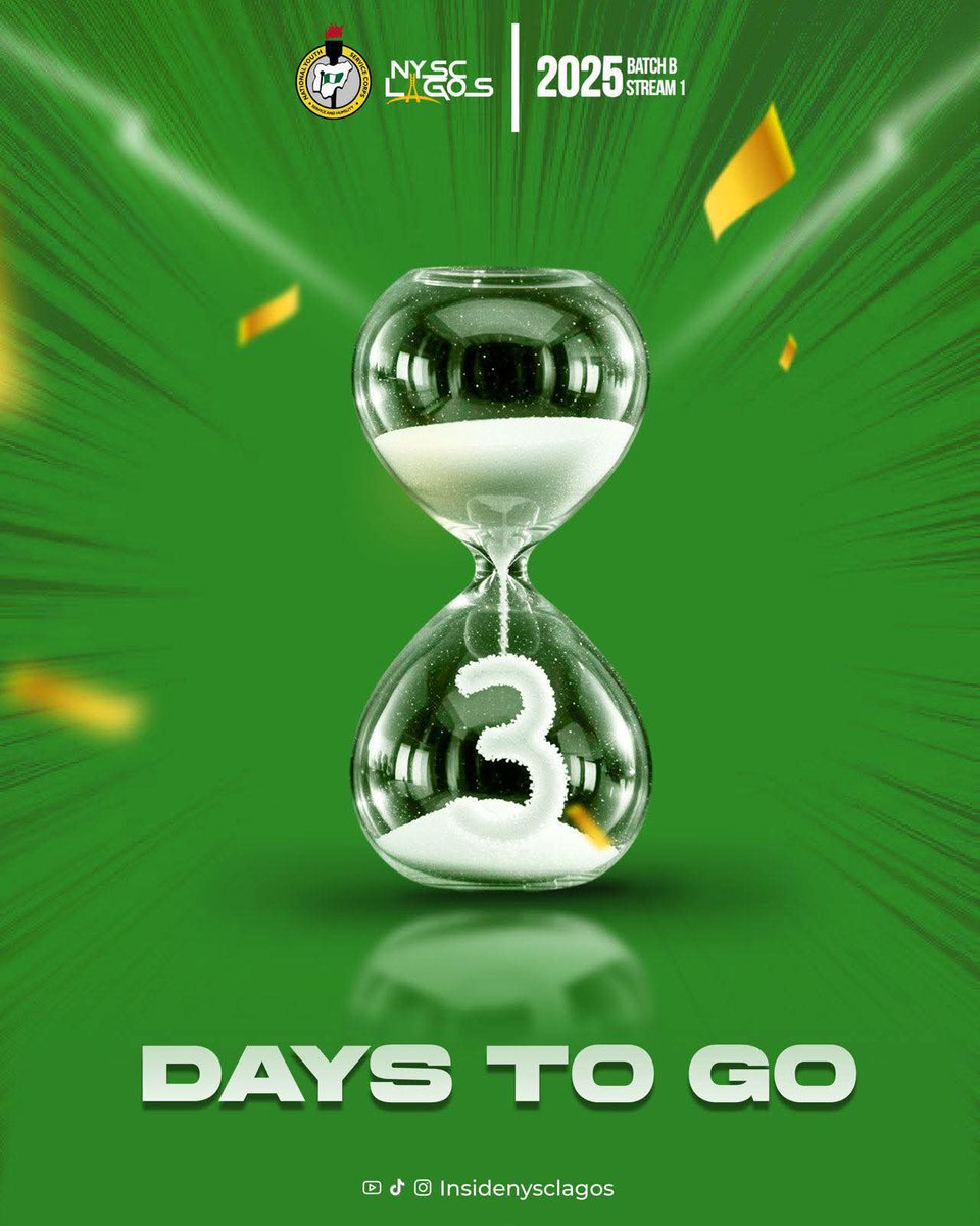 nysc360's tweet photo. The sand is running down, the clock is ticking, the countdown is real! 

Pack your bags, prepare your mind, and get set for the unforgettable NYSC Lagos experience!

#afterlagosnastilllagos #servicewithsauce #thisislagos #lagosnigeria #NYSC #Batch2025 #nysclagos https://t.co/nkv5WOaMf1