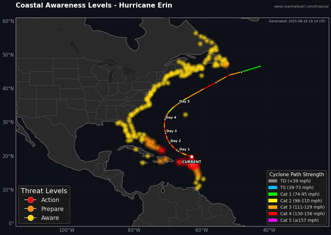 Hurricane #Erin has trended west but remains well offshore of the US East Coast. FL to MA: Stay AWARE but no need for alarm - storm will pass 350+ miles offshore.

🚨 Turks &amp; Caicos - take action now, at least tropical storm impacts expected soon. 
⚠️ Eleuthera &amp; Newfoundland -