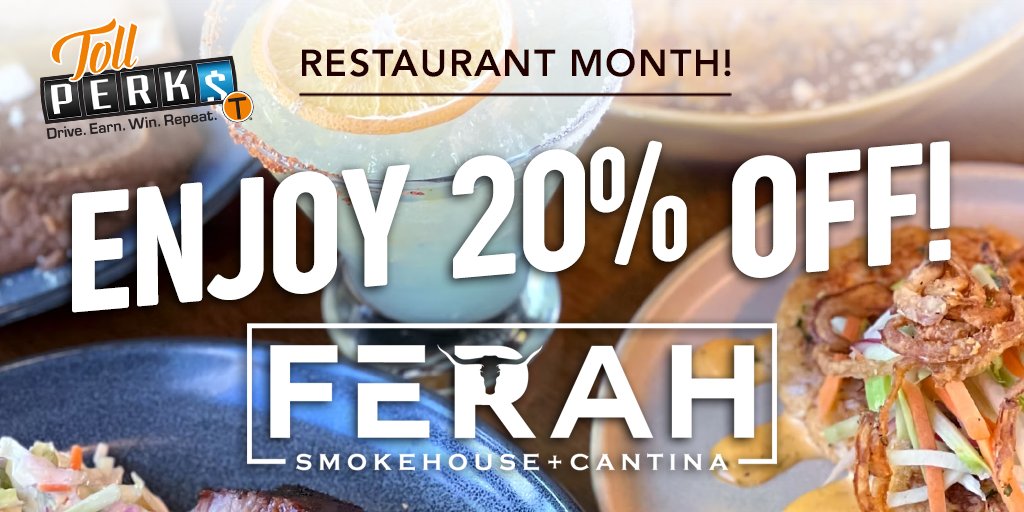 Embrace TollPerks Restaurant Month with Tex-Mex classics! Redeem your TollPerks points to enjoy 20% OFF dine-in meals at Ferah Smokehouse + Cantina: 
bit.ly/40N82l5
#DineWithTollPerks