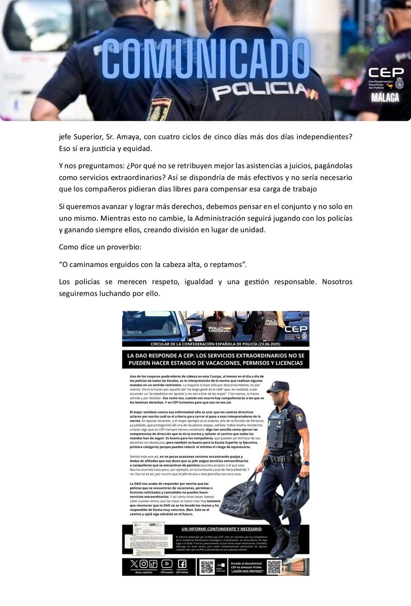 CEP Policia Malaga (@cepoliciamalaga) on Twitter photo <a href="/cep_cepolicia/">CEP</a> defendiende la legalidad y los derechos de todos los <a href="/policia/">Policía Nacional</a>. No permitiremos presuntos privilegios ni ataques a la libertad sindical.Pediremos responsabilidades por las críticas a la #CEP.Los policías merecen respeto, igualdad y una gestión justa."
<a href="/interiorgob/">Ministerio del Interior</a> <a href="/cep_cepolicia/">CEP</a> defendiende la legalidad y los derechos de todos los <a href="/policia/">Policía Nacional</a>. No permitiremos presuntos privilegios ni ataques a la libertad sindical.Pediremos responsabilidades por las críticas a la #CEP.Los policías merecen respeto, igualdad y una gestión justa."
<a href="/interiorgob/">Ministerio del Interior</a>