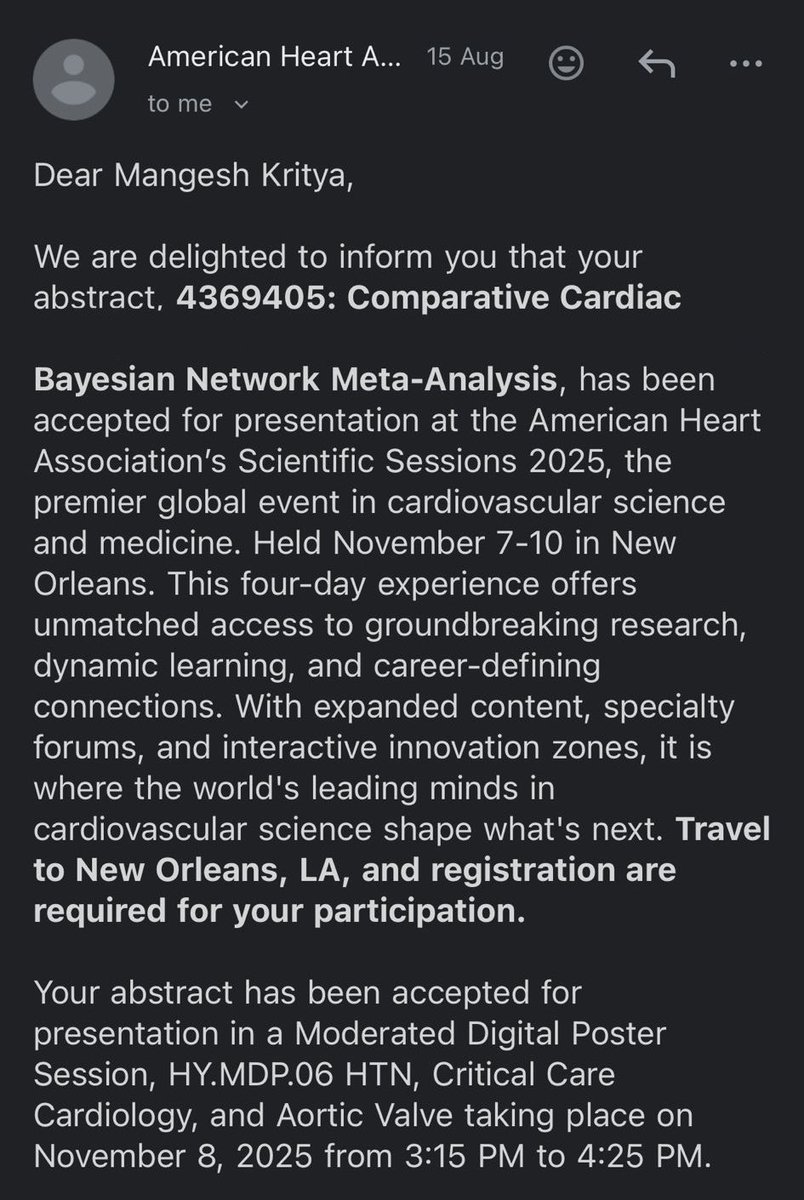 Mangesh Kritya (@krityamangesh) on Twitter photo Our abstract got accepted for moderated digital poster presentation at #AHA2025 conference. Many thanks to the co-authors especially <a href="/Priyanshi_Maury/">Priyanshi Maurya</a> and <a href="/lshanmukh05/">Shanmukh Sai Pavan Lingamsetty</a> for their hard work.
<a href="/American_Heart/">American Heart Association</a>
#AHA
#MedX Our abstract got accepted for moderated digital poster presentation at #AHA2025 conference. Many thanks to the co-authors especially <a href="/Priyanshi_Maury/">Priyanshi Maurya</a> and <a href="/lshanmukh05/">Shanmukh Sai Pavan Lingamsetty</a> for their hard work.
<a href="/American_Heart/">American Heart Association</a>
#AHA
#MedX