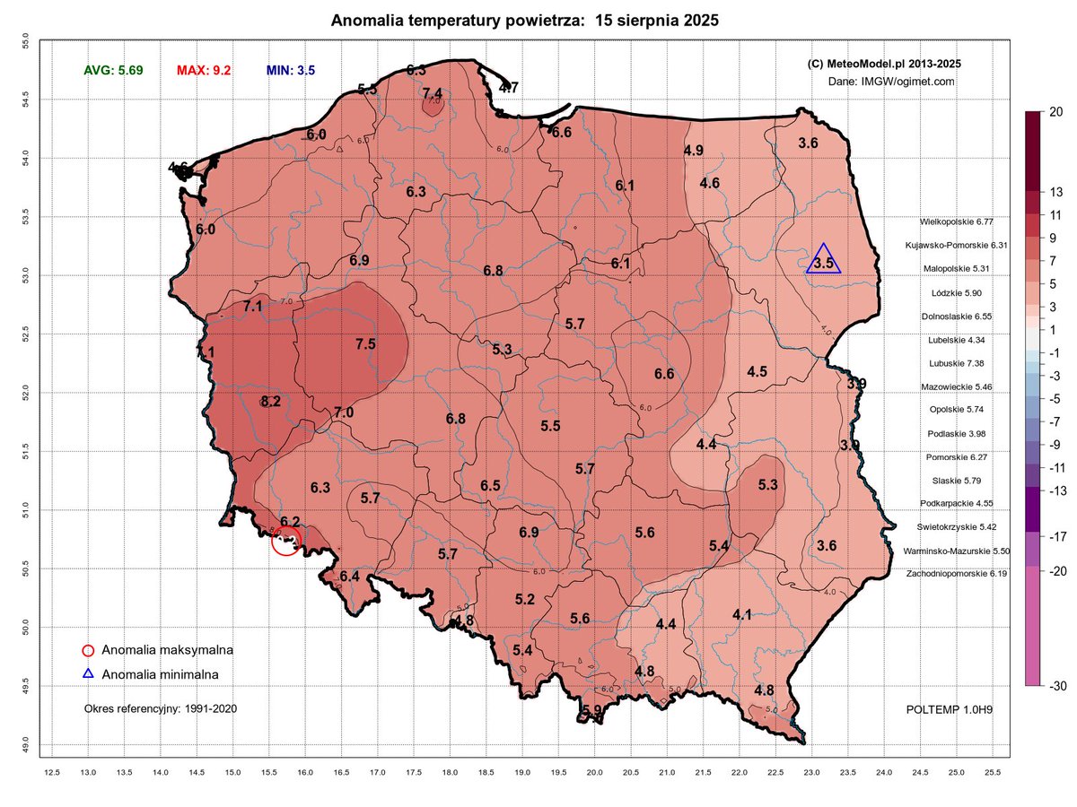Wczorajsze odchylenie temperatury od średniej wieloletniej.