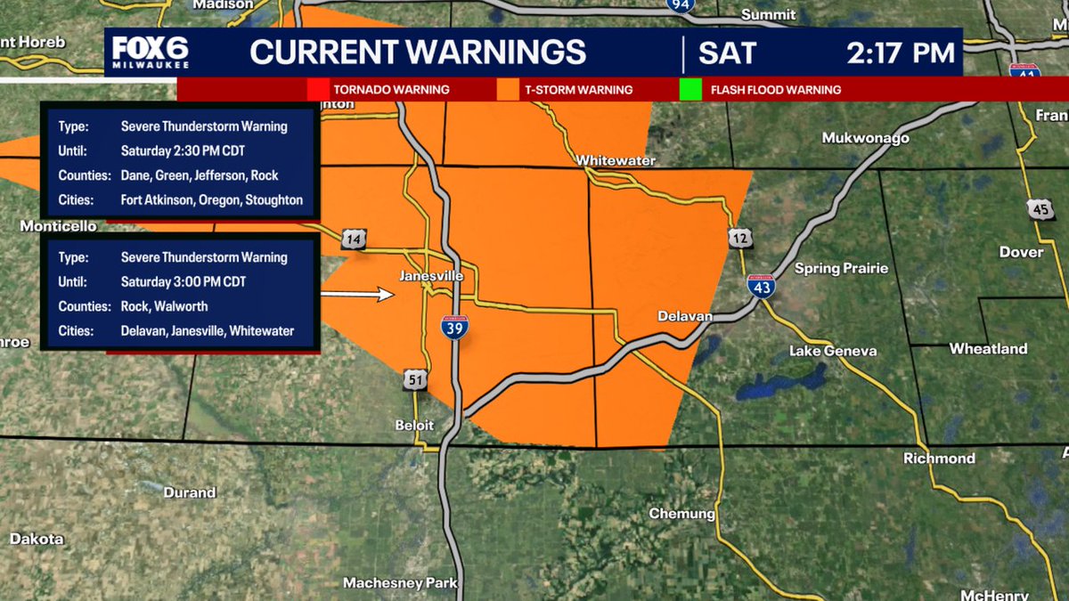 A Severe Thunderstorm Warning has been issued for parts of SE WI until 8/16 3:00PM. Make sure your cell phone emergency alerts are set to "ON." Tune into FOX6, Download the FOX6 Storm Center App &amp; FOX Local App for the latest information.
