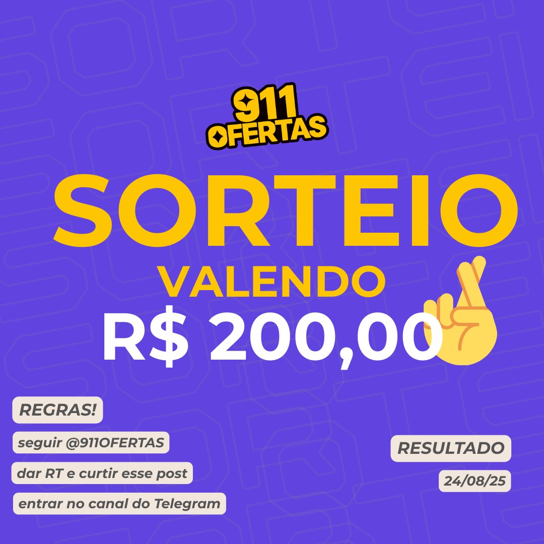 🚨 SORTEIO!

➖ Valendo R$ 200,00

⚠️ REGRAS:
- seguir <a href="/911OFERTAS/">911OFERTAS — Promoções, Cupons e Achadinhos</a>
- dar RT e curtir esse post
- entrar no canal do Telegram (link nas respostas)

📅 RESULTADO!
24/08/2025