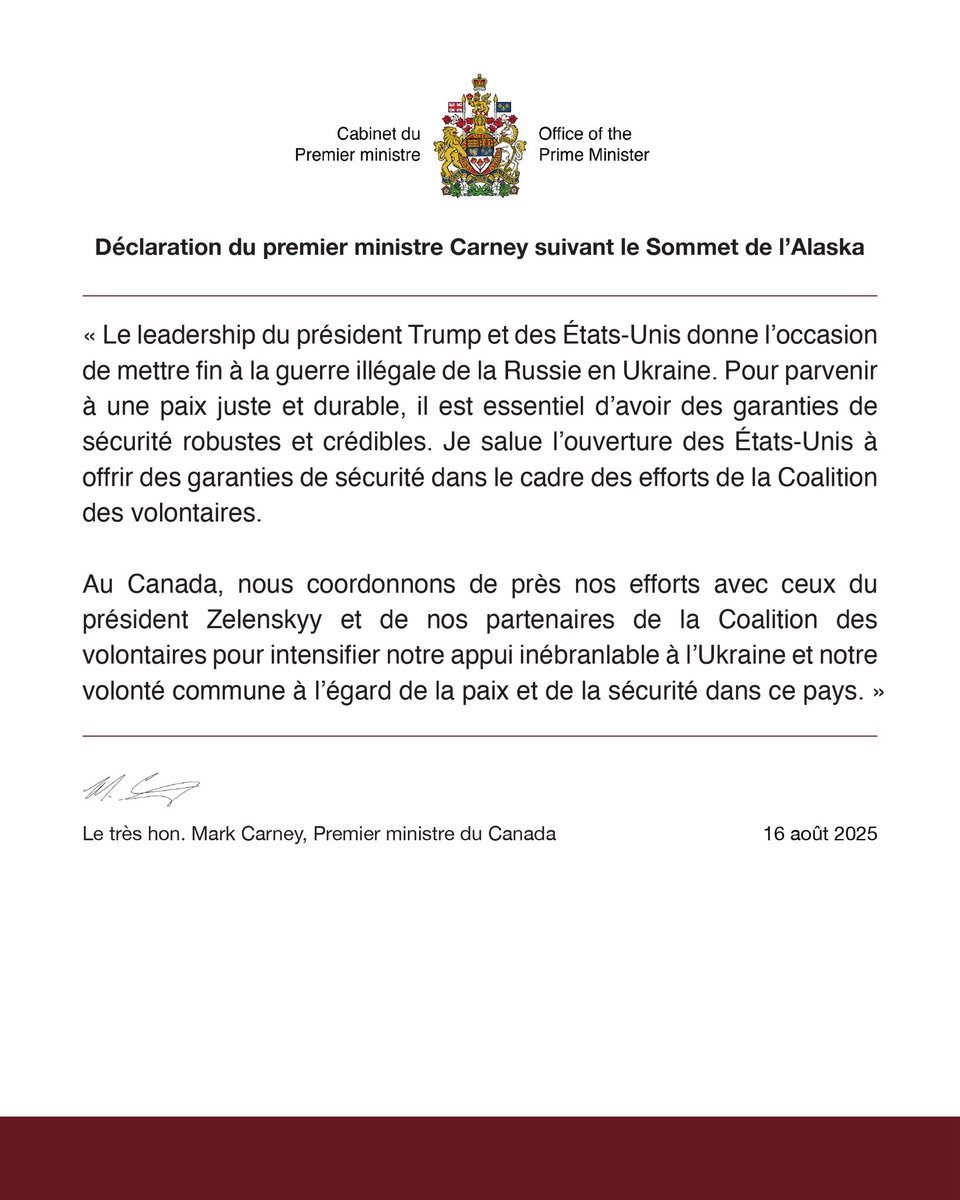 Ma déclaration suivant le Sommet de l’Alaska :