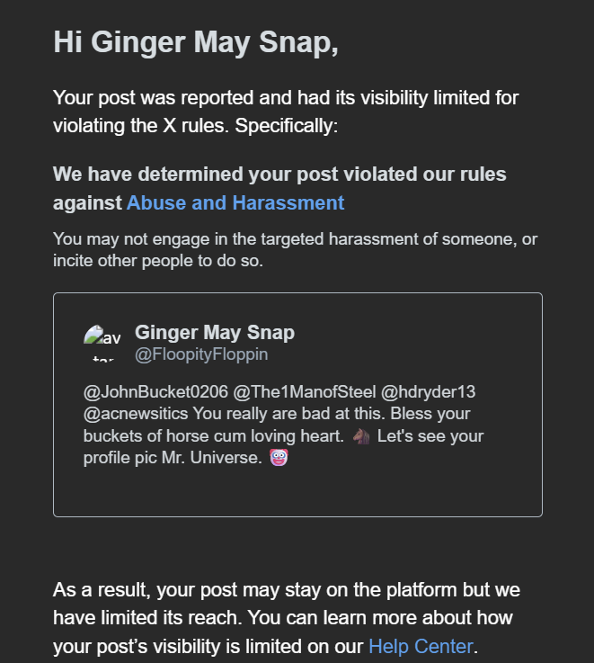 This moronic horse cum guzzling pussy beta boy reported me twice for using his name "Bucket" as an insult in "Bucket/Buckets of horse cum" and won both times. I guess I hurt his vaginas feelings. 🪣🐴🥛

This is NOT an X TOS violation.