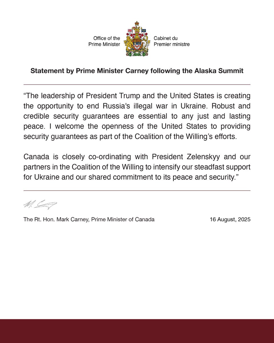 MarkJCarney's tweet image. My statement following the Alaska Summit: