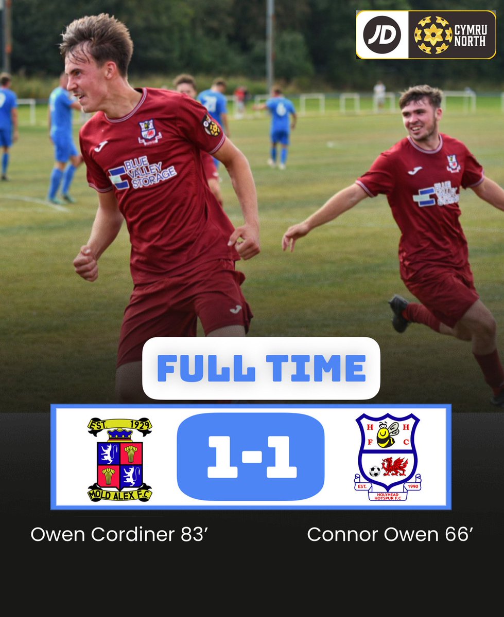 FT | <a href="/moldalexfc1929/">Mold Alex FC</a> 1-1 <a href="/HolyheadHotspur/">Holyhead Hotspur FC 🐝</a> 

Hotspur pick up their first point of the JD North <a href="/CymruLeagues/">JD Cymru Leagues 🏴󠁧󠁢󠁷󠁬󠁳󠁿</a> with a hard-fought 1-1 draw Away at Mold.

Connor Owen put us ahead with his first goal for the club. Owen Cordiner grabbing the equaliser for the hosts.

🔵⚪️🐝

#HHFC