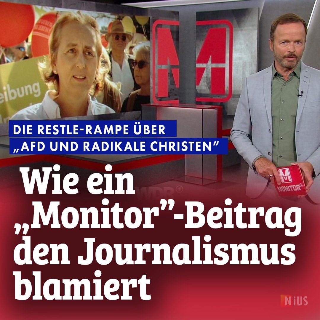Ein Beitrag von #ARD #Monitor über die AfD und „radikale Christen“ kommt wie eine Parodie auf den investigativen Journalismus daher. Aufgedeckt wird nichts, nur geraunt. <a href="/shlomosapiens/">Claudio Casula 🇮🇱🇮🇹🇬🇧🏴󠁧󠁢󠁳󠁣󠁴󠁿🇬🇷</a> hat den Beitrag gesehen, damit Sie es nicht tun müssen. 

nius.de/medien/news/mo…