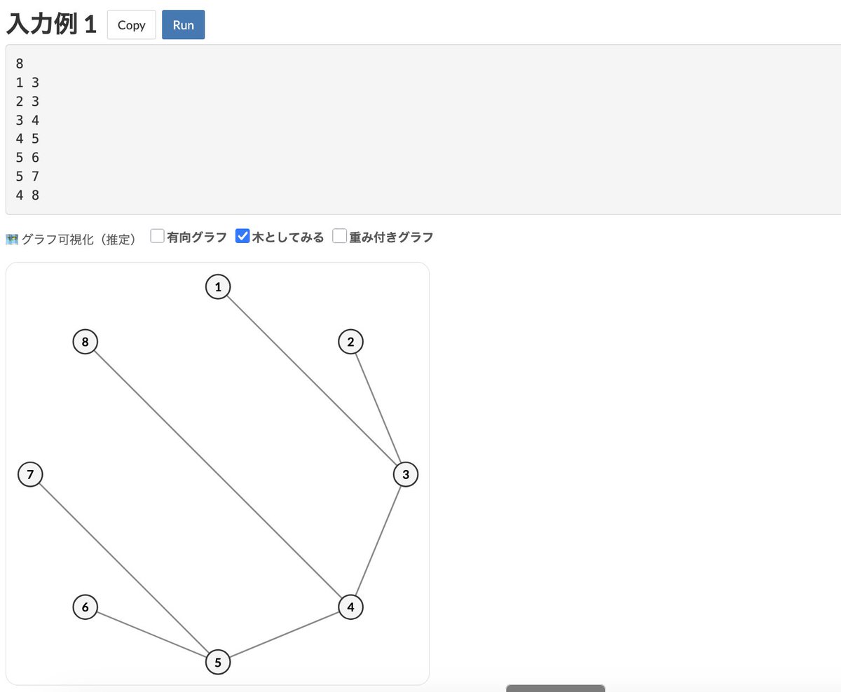 AtCoderの問題で入力例にグラフが与えられたときに、自動的にグラフをSVGで描画するユーザースクリプトを作りました！不具合などがあったら教えて欲しいです。
重みなしグラフ/重み付きグラフ　無向グラフ/有向グラフ　木としてみるか　が設定可能になっています。
greasyfork.org/ja/scripts/546…