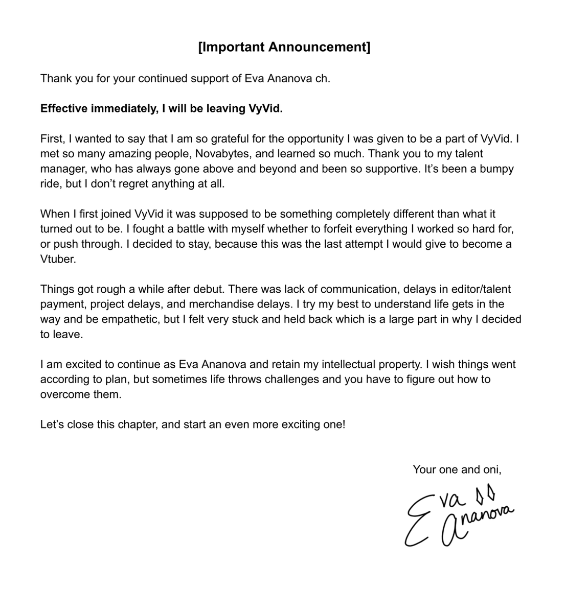 Important announcement regarding my activities with VyVid.