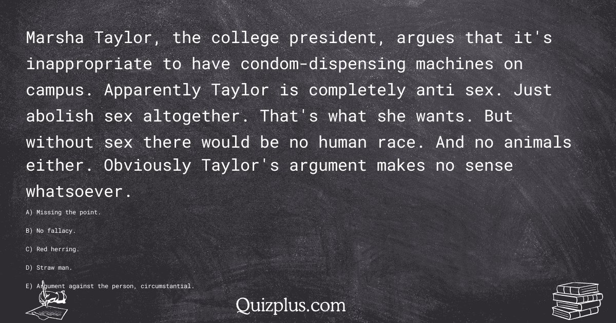 quizplus_exams's tweet image. Marsha Taylor, the college president, argues that it's inappropriate to have condom-dispensing machines on campus. Apparently Taylor is completely anti sex. Just abolish sex altogether. That's what...

Get Answer: 👉 quizplus.com/quiz/128576-qu…

#TopGrades #KaiserWoodlandHills…