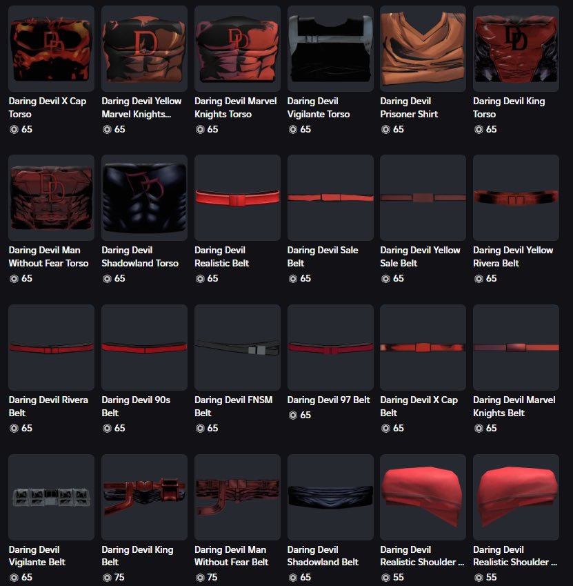 CC_RobloxUGC's tweet image. The ULTIMATE Daredevil Wave has Dropped
5 PAGES OF UGC!
100+ ITEMS!
CHECK IT OUT HERE: roblox.com/catalog?Keywor…