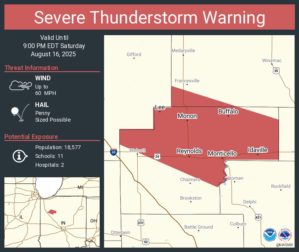 NWSIWX's tweet photo. Severe Thunderstorm Warning including Monticello IN, Monon IN and  Buffalo IN until 9:00 PM EDT https://t.co/7TU2fp7oxl