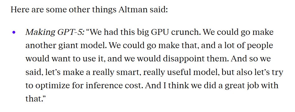GPT-5 was all about making investors happy

 - "optimize for inference cost"
 - "We could go make another giant model [...] and a lot of people would want to use it and we would disappoint them"  (this is about price/perf and model training costs)
- "If we didn’t pay for