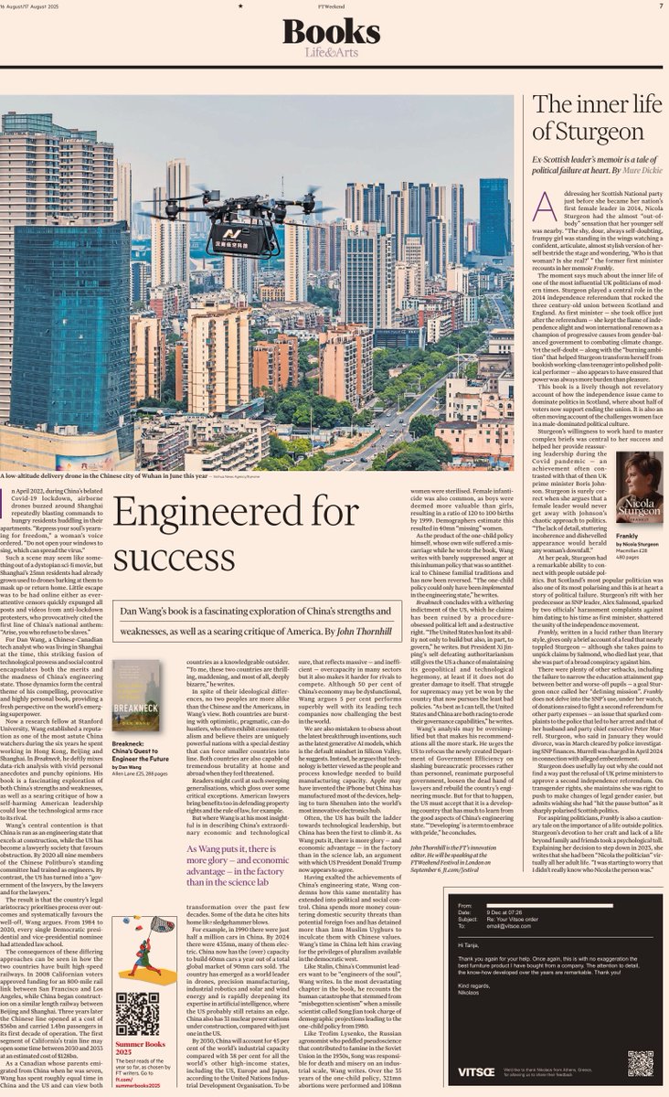 Lovely book review. 
China is an engineering state that seeks glory in the factory. 
America is a lawyerly/fin bro state that seeks glory in deal making and elevator pitches.

India is a clerical state that seeks glory in a Govt job/Laal batti/rule making and 180 IQ babugiri :)