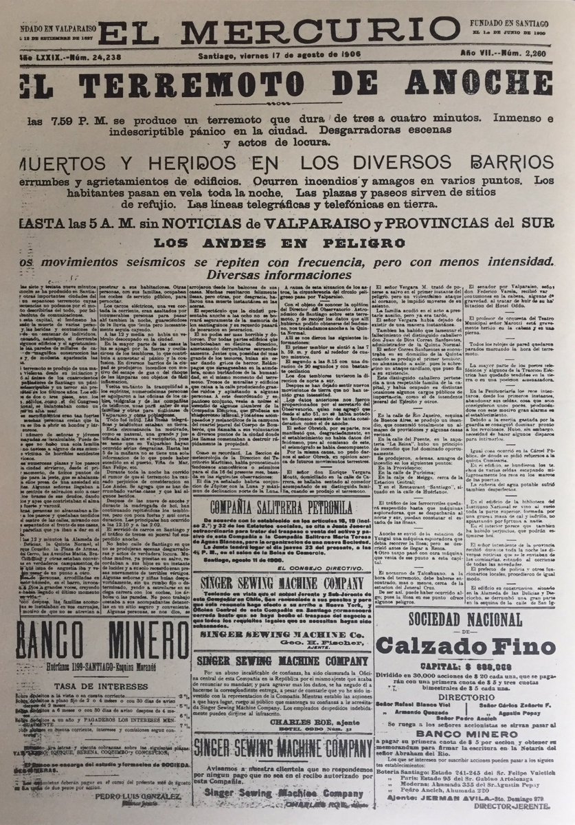 Titular de @ElMercurio_cl del día 17 de agosto de 1906, luego del gran terremoto de la noche anterior.                             

                 Valparaíso en ruinas.