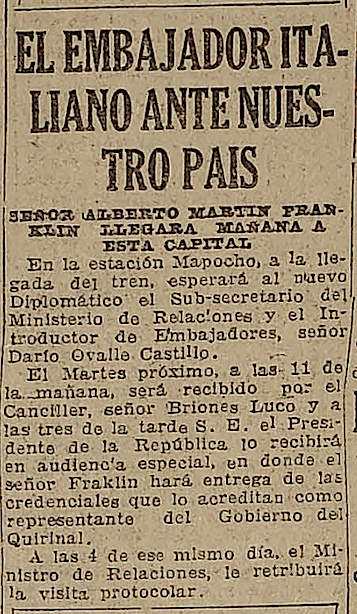 El nuevo Embajador de Italia en Chile será recibido por las autoridades en la Estación Mapocho de Santiago. 

Hace 101 años; domingo 17 de agosto de 1924.

<a href="/EstacionMapocho/">Centro Cultural</a> <a href="/ValeriaBiagiott/">Valeria Biagiotti</a>
<a href="/ItalyinChile/">Italy in Chile</a>