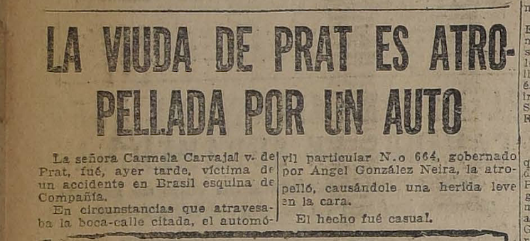 Doña Carmela Carvajal Briones, atropellada por un auto. 

Hace 101 años; domingo 17 de agosto de 1924.