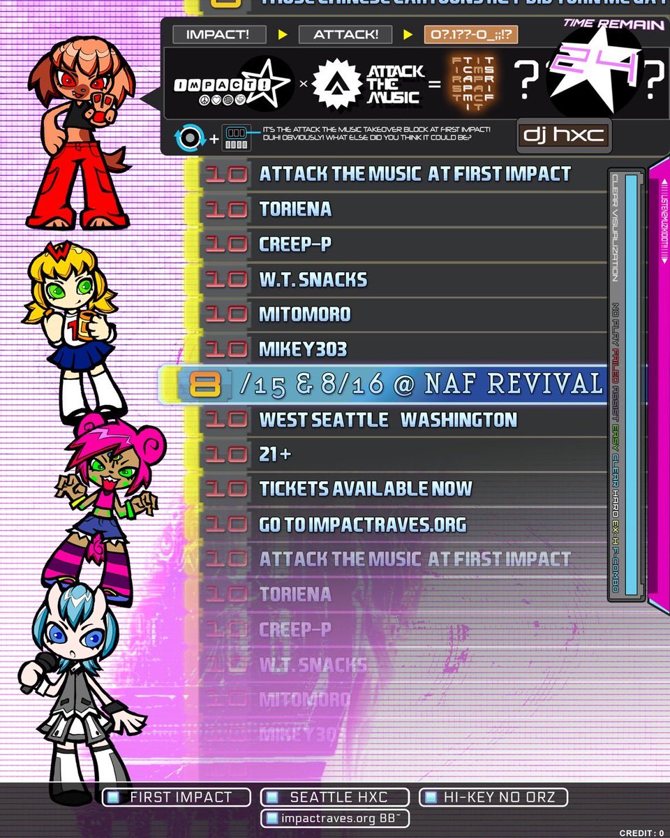 Attack The Music (@atkthemusic) on Twitter photo Day 2 of <a href="/ImpactSeattle/">Impact! Foundation</a>'s First Impact festival is under way and it's only 2 hours until our ATM takeover on the main stage, with <a href="/Mitomoro/">Mito is Back!! NEXT UP: SYNERGY WEST LA 9/26</a>, <a href="/mikey3O3/">マイキーやろう</a>, <a href="/MidnightSnacks/">W.T. Snacks</a>, <a href="/ItsCreepP/">🥩 LUCI (CRXXP-P) 🥩</a> and <a href="/toriena/">🥩TORIENA🩸</a>!
For those not in Seattle, you can catch the livestream at:
🔗 twitch.tv/ImpactSeattle Day 2 of <a href="/ImpactSeattle/">Impact! Foundation</a>'s First Impact festival is under way and it's only 2 hours until our ATM takeover on the main stage, with <a href="/Mitomoro/">Mito is Back!! NEXT UP: SYNERGY WEST LA 9/26</a>, <a href="/mikey3O3/">マイキーやろう</a>, <a href="/MidnightSnacks/">W.T. Snacks</a>, <a href="/ItsCreepP/">🥩 LUCI (CRXXP-P) 🥩</a> and <a href="/toriena/">🥩TORIENA🩸</a>!
For those not in Seattle, you can catch the livestream at:
🔗 twitch.tv/ImpactSeattle