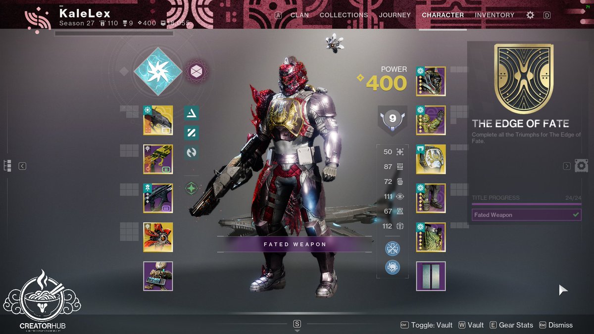 The Edge of Fate : Fated Weapon seal in the pocket !

things to do
- mythic missions. (this will be fun)
- power level 450 (yep i know, you need to grind your ass off)
- 100 stats : grenade, super, class weapon (grinding !)
#D2Creator #Destiny2 #Destiny2Creator #twitch