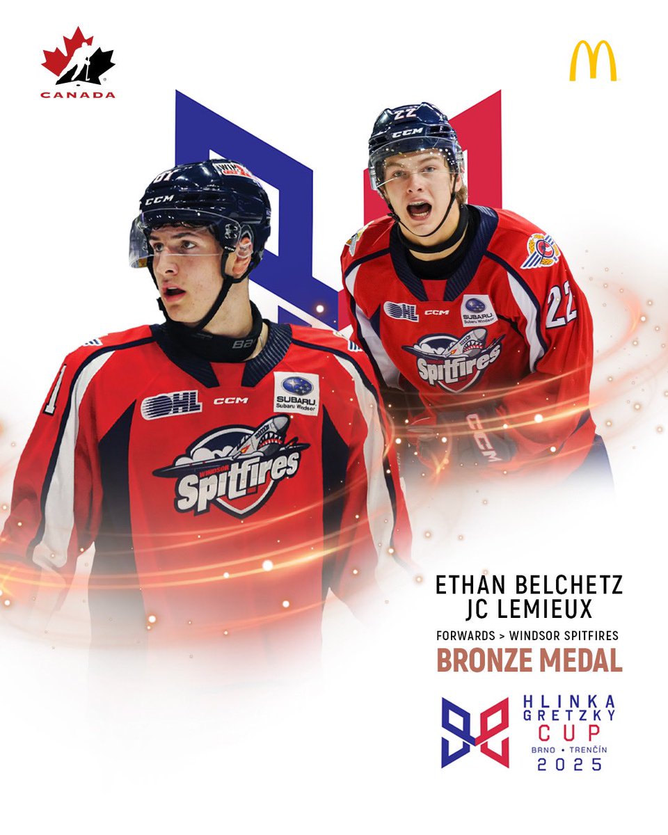 Congrats to Ethan Belchetz and J.C Lemieux on winning BRONZE 🥉with Team Canada at the Hlinka Gretzky Cup!

#WindsorSpitfires 
@mcdonaldscanada