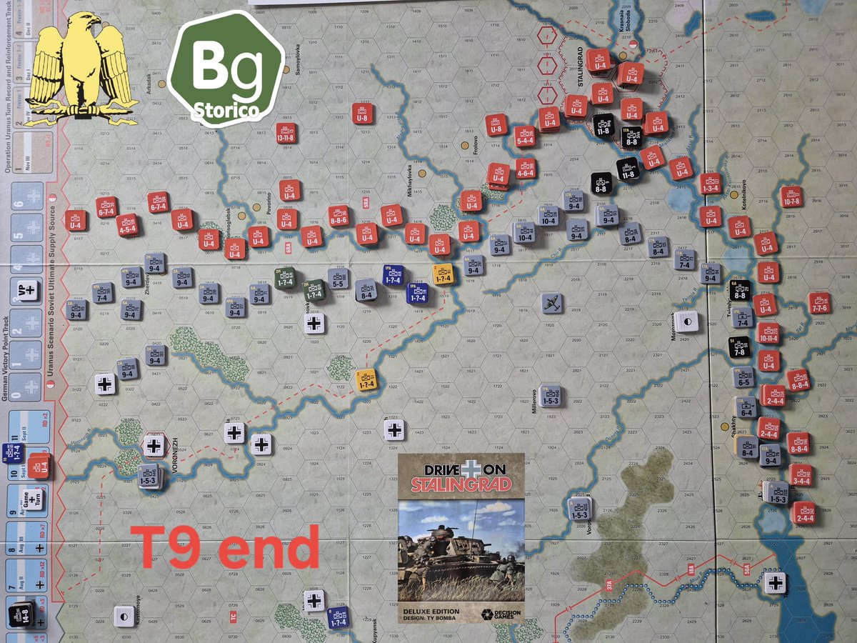 #driveonstalingrad Fine del turno 9 degli undici previsti, ma è possibile chiudere la partita e fare un resoconto finale di questa edizione deluxe del Drive on Stalingrad del 2002 sempre prodotta dalla Decision Games con progettista Ty Bomba .