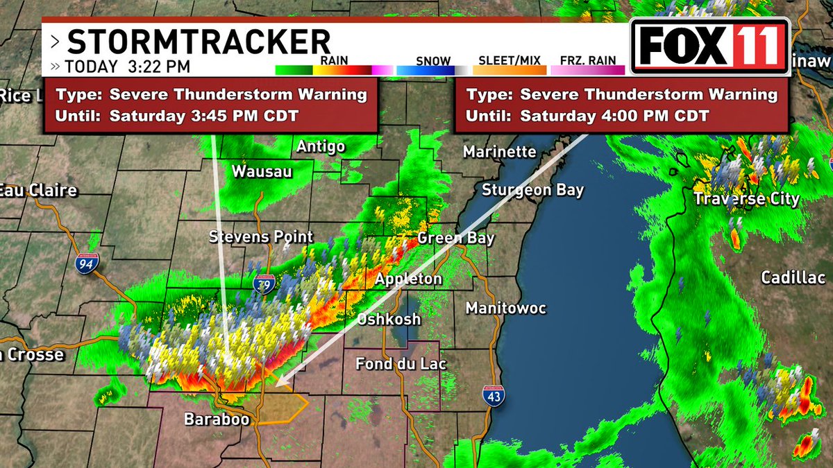 Round two of storms is moving into NE WI. Heavy rain and damaging winds possible. Severe thunderstorm watch for Fond du Lac and Green Lake, and nearby counties. Severe thunderstorm warning over South-Central Wisconsin. #wiwx