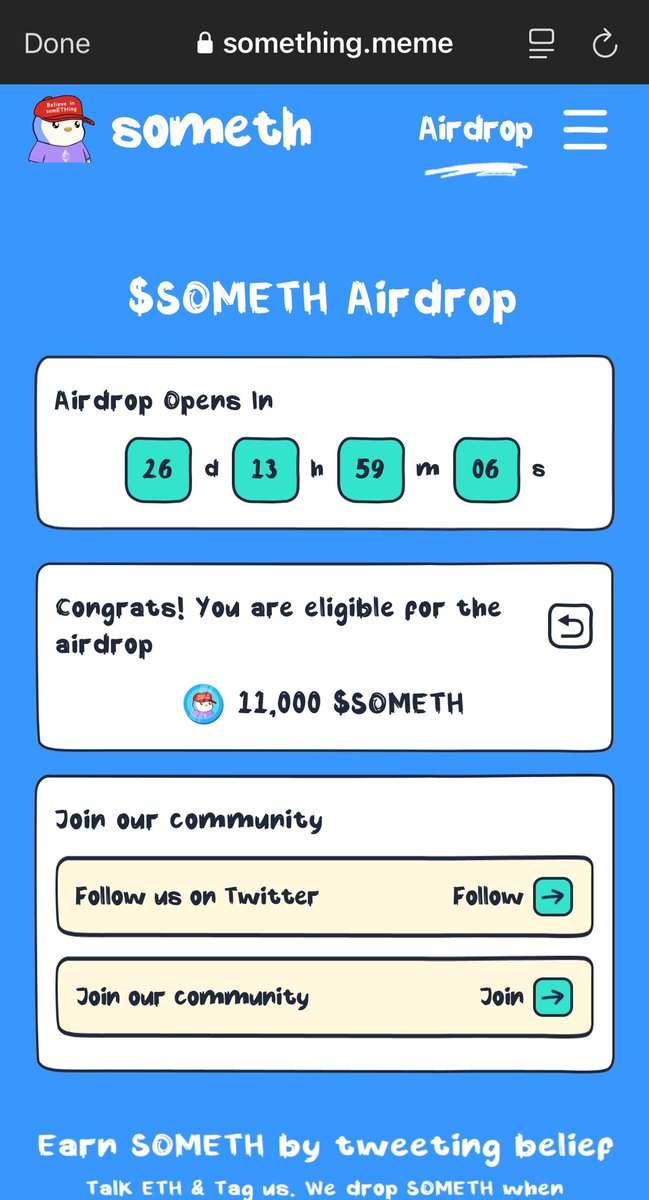 Got this alpha! 👀 I'm eligible for 11K $SOMETH tokens.

Claim opens in 28 days, but claim checker's live now: something.meme/airdrop

Steps:
1️⃣ Enter wallet address

2️⃣ See your $SOMETH bag

Another thing to look out for:
@sometingcult is having a birthday bash.

As they are