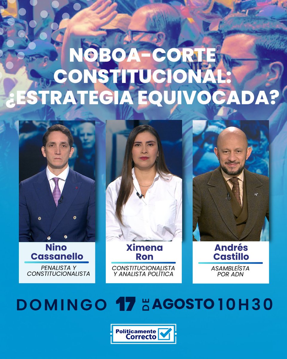 Políticamente Correcto (@politikcorrecta) on Twitter photo #INVITADOS | 🕥 Mañana 10h30
👤 Andrés Castillo (<a href="/SoyCastillo593/">Andrés Castillo Maldonado</a>), asambleísta ADN.
👩⚖️ Ximena Ron (<a href="/XRonErraez/">Ximena Ron Erráez</a>), constitucionalista.
⚖️ Nino Cassanello (<a href="/NinoCassanello/">Nino Cassanello</a>), penalista.
🎉 Acompáñanos en nuestros #9Años al aire por <a href="/ecuavisa/">Ecuavisa</a> con @CarlosRojasEcu y <a href="/ClaudiaRoura/">Claudia Roura</a>. #INVITADOS | 🕥 Mañana 10h30
👤 Andrés Castillo (<a href="/SoyCastillo593/">Andrés Castillo Maldonado</a>), asambleísta ADN.
👩⚖️ Ximena Ron (<a href="/XRonErraez/">Ximena Ron Erráez</a>), constitucionalista.
⚖️ Nino Cassanello (<a href="/NinoCassanello/">Nino Cassanello</a>), penalista.
🎉 Acompáñanos en nuestros #9Años al aire por <a href="/ecuavisa/">Ecuavisa</a> con @CarlosRojasEcu y <a href="/ClaudiaRoura/">Claudia Roura</a>.