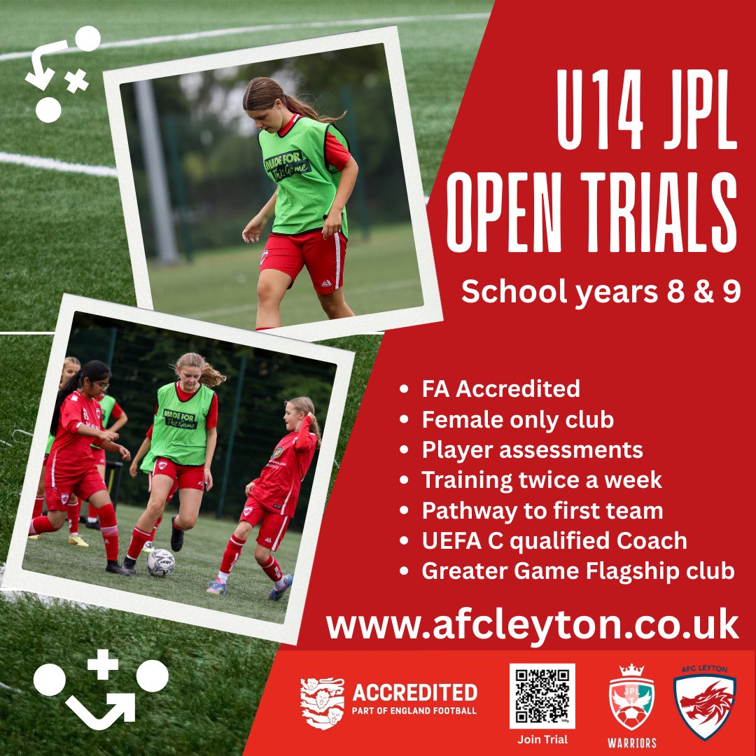 Our U14’s are running open trials for the next few weeks with our UEFA C qualified coach Zak school years 8&amp;9 

* All positions welcome to trial.
* Must have League experience 
* We welcome dual signing.
* Training twice a week 
* Player Pathway.

afcleyton.co.uk/product/u14jpl…