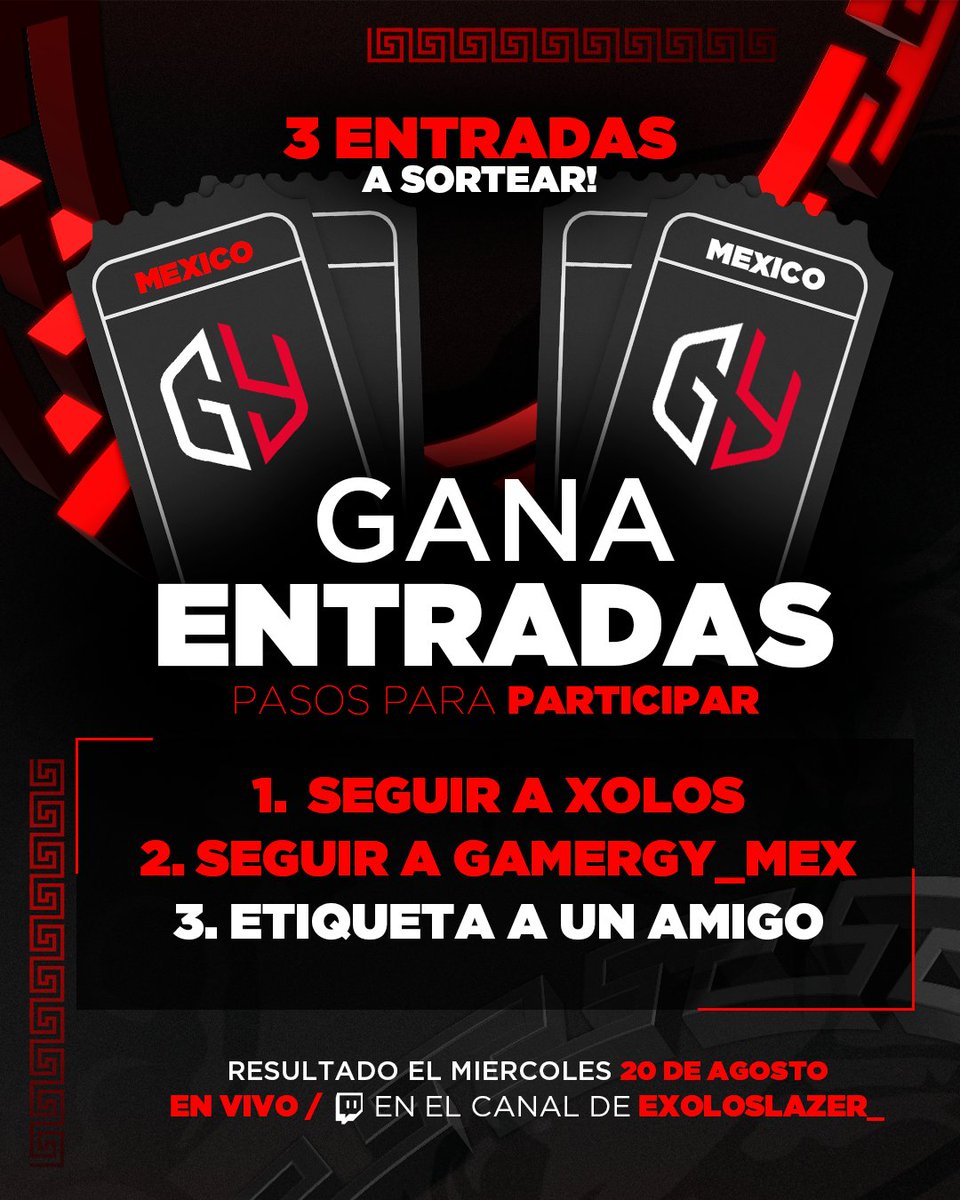 E-Xolos LAZER (@exoloslazer) on Twitter photo 📢¡GÁNATE ENTRADAS PARA <a href="/GAMERGY_Mx/">Telcel GAMERGY México 🇲🇽</a>!🏟
Así es, vamos a estar dando 3 entradas para que puedas ir a #Gamergy2025 en CDMX 🎟🏆
Participar es MUY FÁCIL 👇🏽
✅ Follow a <a href="/exoloslazer/">E-Xolos LAZER</a> & <a href="/GAMERGY_Mx/">Telcel GAMERGY México 🇲🇽</a>
👥 Etiqueta a un amigo
❤ Like & 🔁 RT a este post
Y listo, ya estas participando 📢¡GÁNATE ENTRADAS PARA <a href="/GAMERGY_Mx/">Telcel GAMERGY México 🇲🇽</a>!🏟
Así es, vamos a estar dando 3 entradas para que puedas ir a #Gamergy2025 en CDMX 🎟🏆
Participar es MUY FÁCIL 👇🏽
✅ Follow a <a href="/exoloslazer/">E-Xolos LAZER</a> & <a href="/GAMERGY_Mx/">Telcel GAMERGY México 🇲🇽</a>
👥 Etiqueta a un amigo
❤ Like & 🔁 RT a este post
Y listo, ya estas participando