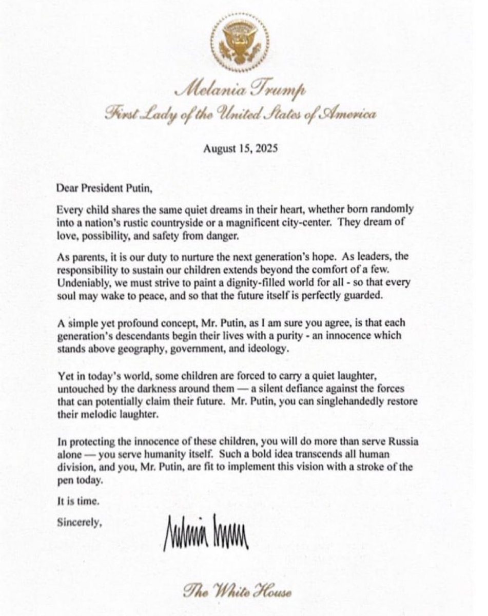 CATERINA VALENTINO (@caterinav) on Twitter photo #16Ago La primera dama <a href="/MELANIATRUMP/">MELANIA TRUMP</a> le envía una carta a Putin:
“La carta de La Paz”. “Ya es hora”.
“Al proteger la inocencia de estos niños, usted hará más que servir solo a Rusia: servirá a la humanidad misma”. #16Ago La primera dama <a href="/MELANIATRUMP/">MELANIA TRUMP</a> le envía una carta a Putin:
“La carta de La Paz”. “Ya es hora”.
“Al proteger la inocencia de estos niños, usted hará más que servir solo a Rusia: servirá a la humanidad misma”.