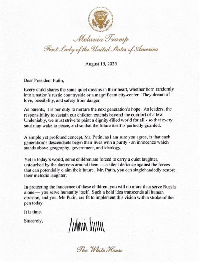 This is the letter Melania wrote to Putin about abducted Ukrainian children, which Trump hand-delivered at the Alaska summit.