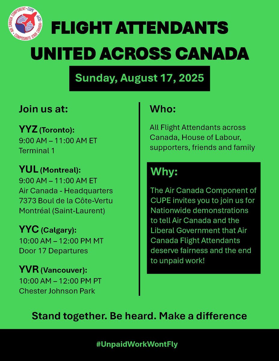 Education workers rise up ✊ — Tomorrow, join Air Canada Flight Attendants at Toronto Pearson (T1) 9-11AM to demand fairness + an end to unpaid work.
Stand up. Be heard. Make a difference.
#UnpaidWorkWontFly #onlab #OSBCU