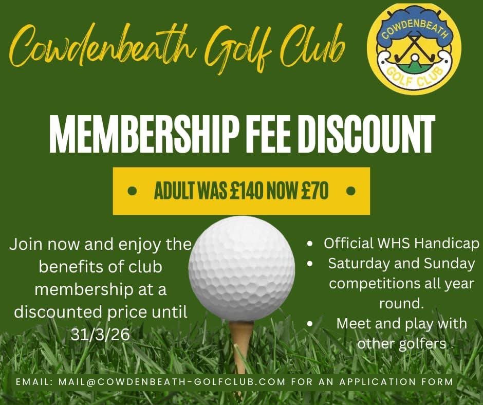 🏌️⛳ Membership discount available ⛳🏌️at Cowdenbeath Golf Club………….check it out