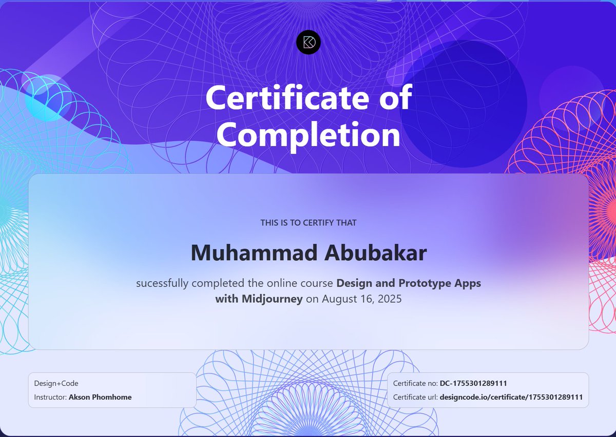 MuhamadAbubaker's tweet image. 🎉 Just completed the "Design and Prototype Apps with Midjourney" Certification from @designcodeio
Link: designcode.io/certificate/17…
#UIDesign #iOSDesign #Figma #Midjourney #DesignCertification #MobileDesign #AIDesign #ProductDesign #ProductDesign #DesignCode