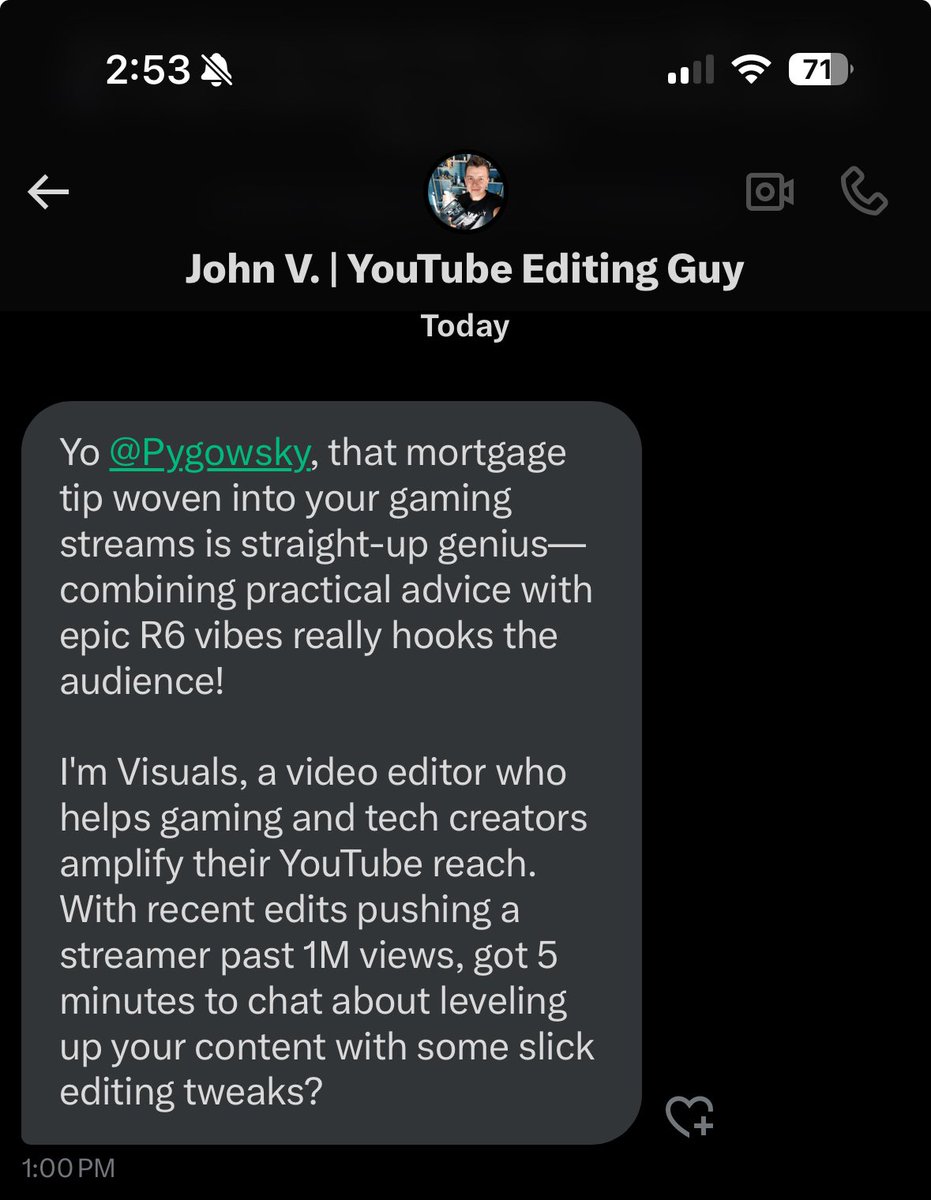 Starting a message like this is not how you get business.

If you actually want to work with someone, don't use the grok summary on them or pull two random tweets to make some corny line from. You need to genuinely show interest.

Don't be John | YouTube Editor Guy 🤦🏻‍♂️