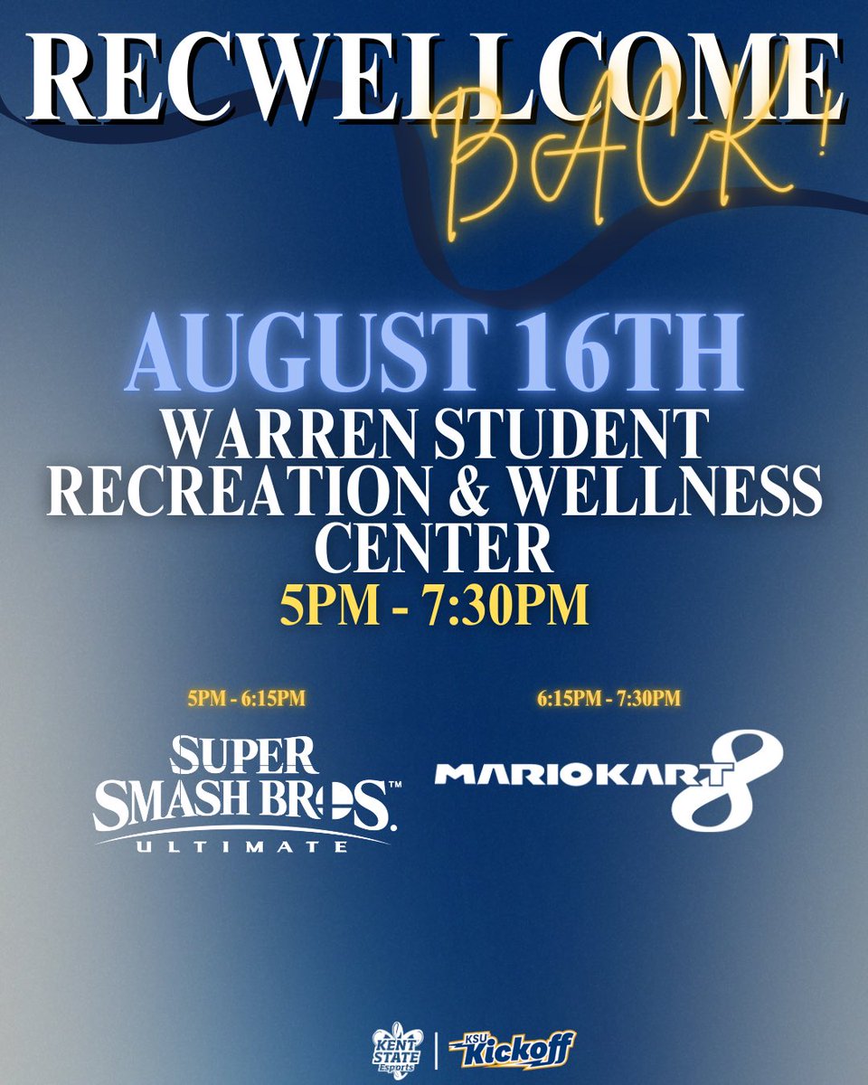 We will be at the RecWellcome Back Party with Kent State Board Game Society!

⏰ 5PM - 7:30PM
📍 Beverly J. Warren Student Recreation and Wellness Center 
#KSUEsports