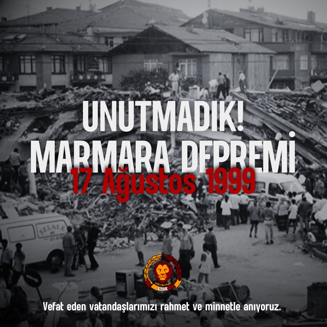 Unutmadık, Unutmayacağız! 

17 Ağustos 1999 tarihinde yaşanan Marmara Depremi'nin 26. yıldönümünde, hayatını kaybeden vatandaşlarımızı rahmetle anıyoruz. #17Ağustos1999 

#ultrAslanLİSE