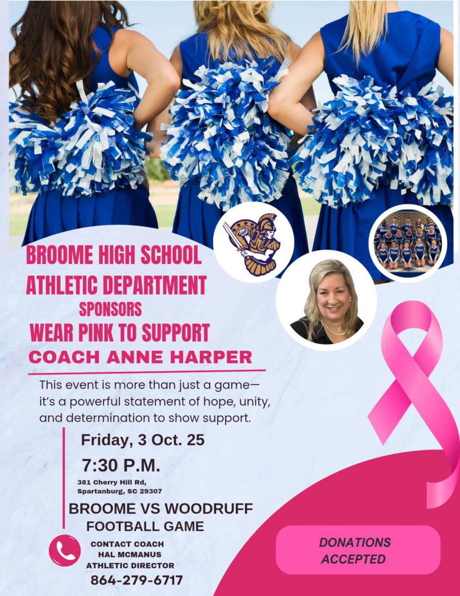 The Broome High School Athletic Department invites all to wear pink at our varsity football game on Friday, October 3rd, in support of Coach Anne Harper. 

Our Centurions host Woodruff Friday, October 3rd, at 7:30 pm at Royal Stadium.