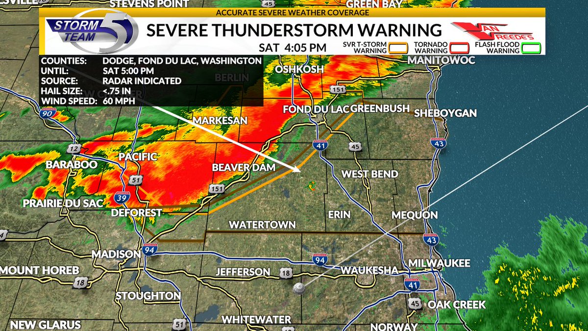 A Severe Thunderstorm Warning has been issued for Washington, Sheboygan, Ozaukee, Dane, Dodge, Fond du Lac, Columbia county until Aug 16 5:00PM. Go to the Storm Team 5 Weather App for more info!