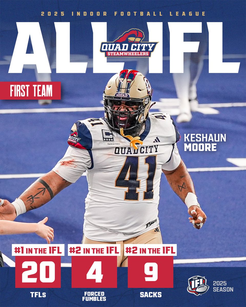 THE ANIMAL (man of the people) 

2025 First Team All-IFL KeShaun Moore
17 games played
- #1 in IFL in TFLs - 20
- #2 in IFL in forced fumbles - 4
- #2 in IFL in sacks - 9
- 68 total tackles
- 5 pass break-ups

#sQUADCITY | #EarnYourStacks