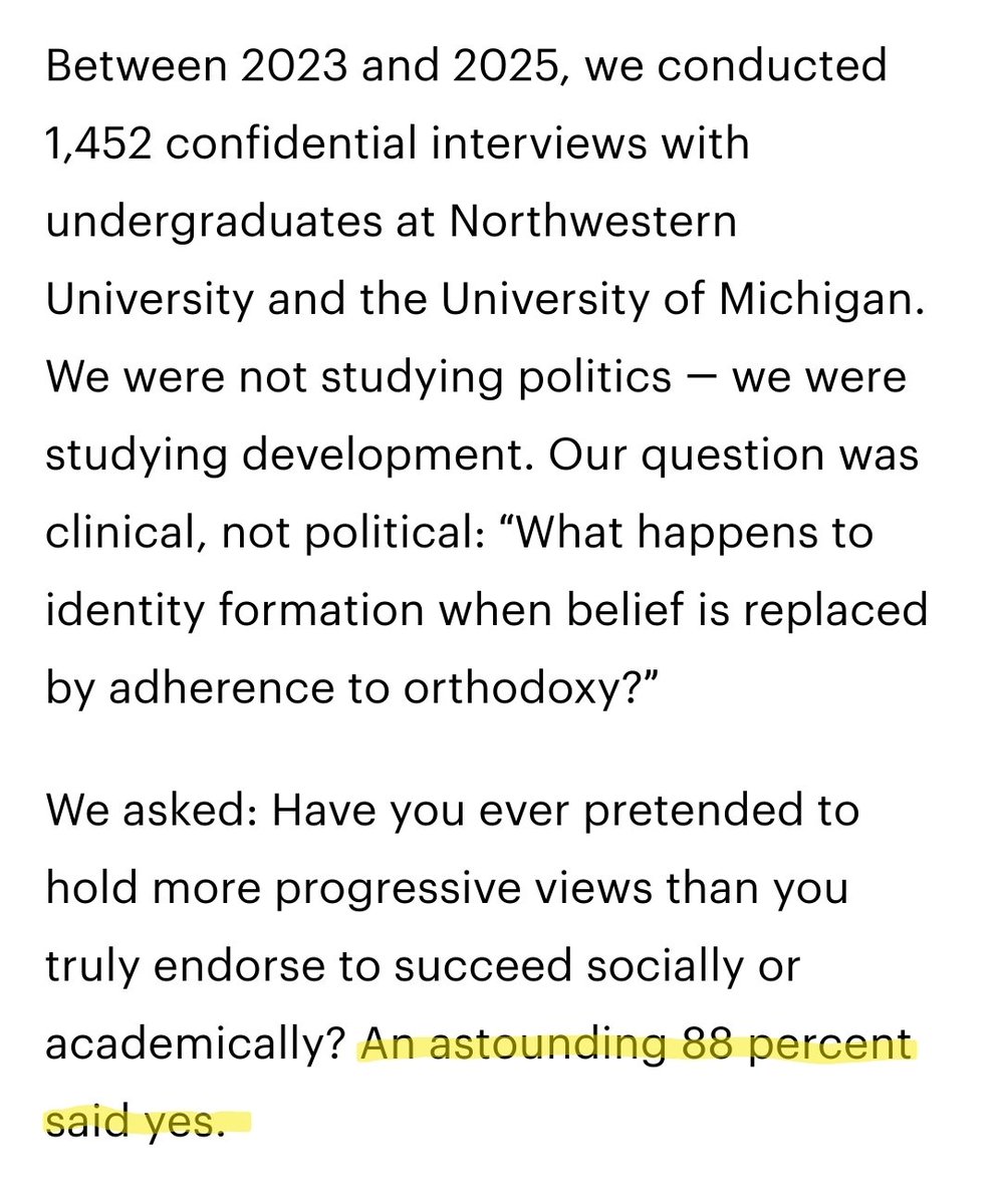 Almost 9 in 10 undergrads at Northwestern University and the University of Michigan have pretended to hold more progressive views in order to succeed either socially or academically.