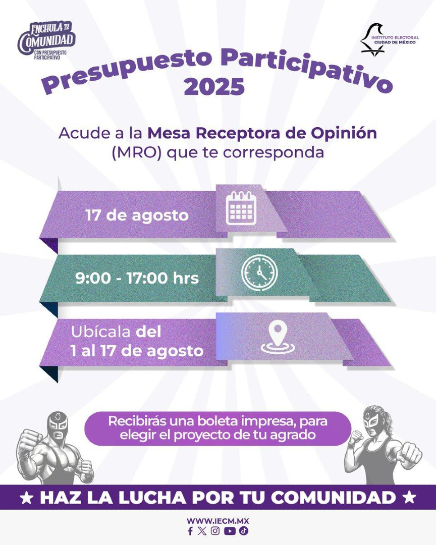 🗳️💡 El #CongresoCDMX te invita a participar en la Consulta de Presupuesto Participativo 2025. ¡Haz la lucha por tu comunidad! 💪🏽🏘️

Consulta tu mesa receptora aquí👇
f.mtr.cool/enmdhlttoe