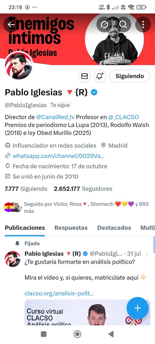 Un orgullo que me siga <a href="/PabloIglesias/">Pablo Iglesias 🔻{R}</a>  en X, ya me seguía en bluesky, seguimos #SiSePuede