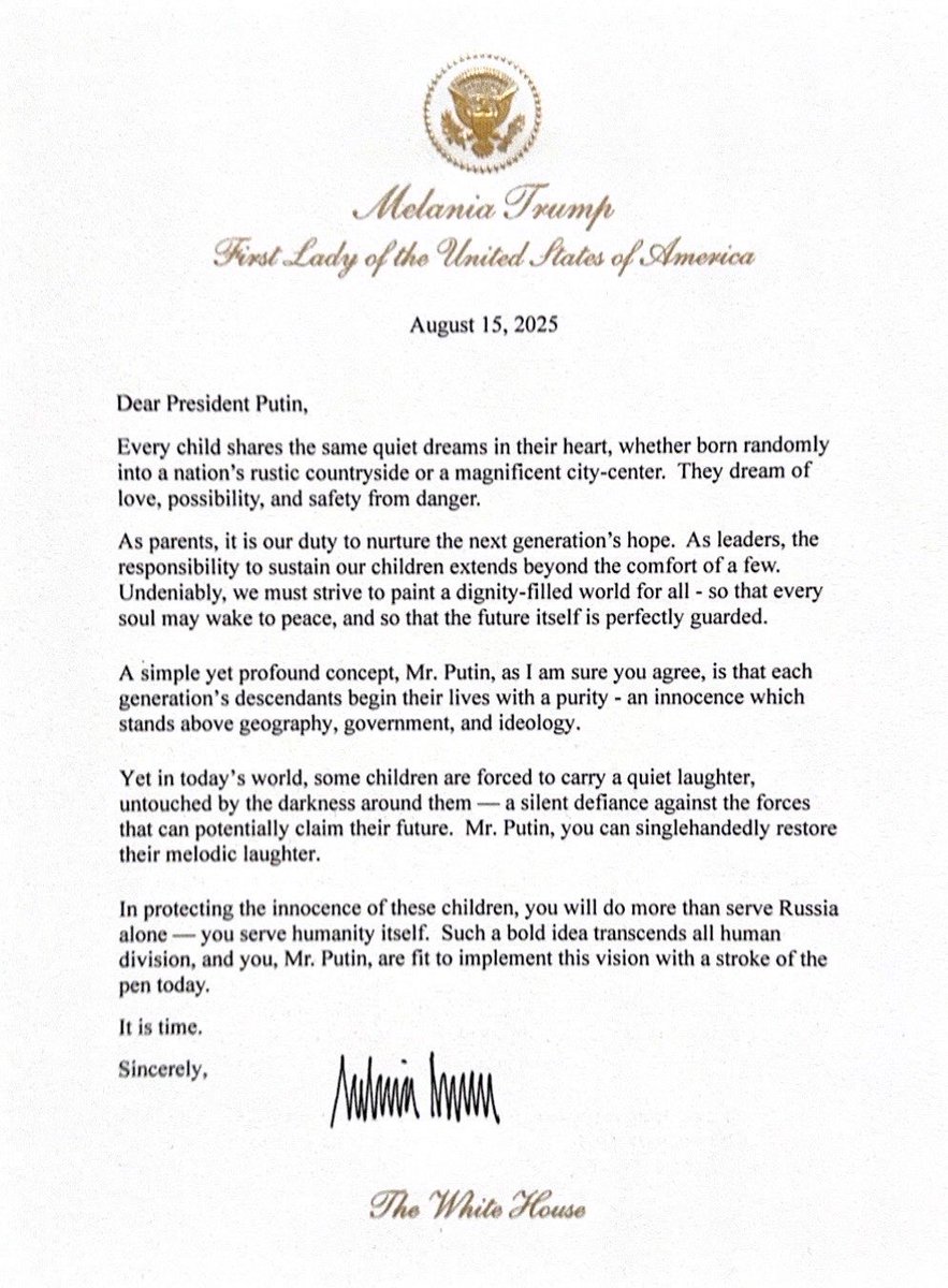 Attorney General Pamela Bondi (@agpambondi) on Twitter photo Our incredible First Lady <a href="/MELANIATRUMP/">MELANIA TRUMP</a> shared this powerful, deeply moving letter with President Putin. She speaks from the heart of every American in calling for a world where children, regardless of where they are born, can live in peace. Our incredible First Lady <a href="/MELANIATRUMP/">MELANIA TRUMP</a> shared this powerful, deeply moving letter with President Putin. She speaks from the heart of every American in calling for a world where children, regardless of where they are born, can live in peace.