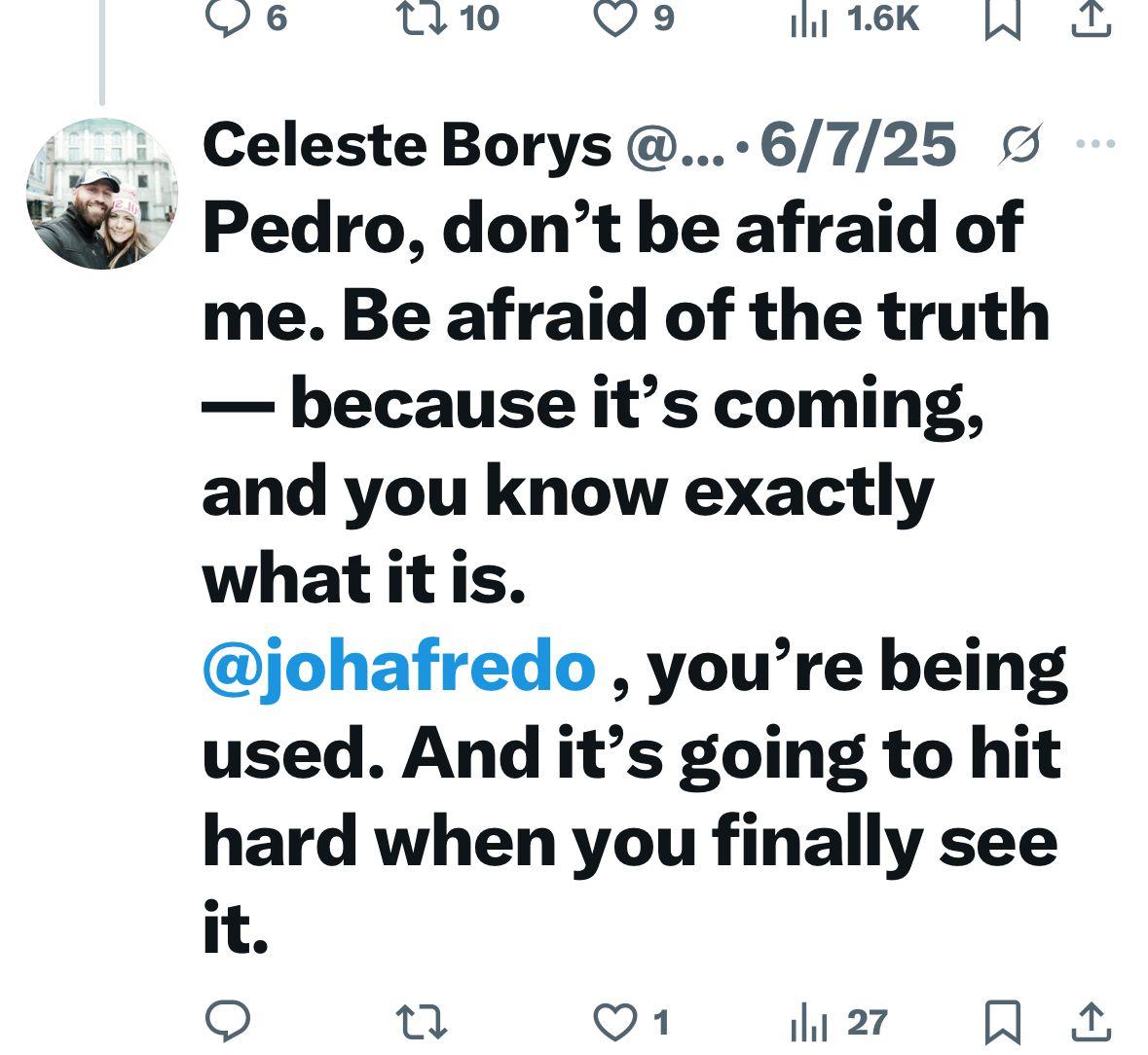Have you read the lawsuit in my link-tree yet? Pedro Florez vs Celeste Borys and her attorneys, Alan Mortensen and Suzette Rassmussen.

Think on this. All 3 of these people allegedly conspired against Pedro and DESTROYED his life! Mortensen and Rasmussen (Celeste’s attorneys)