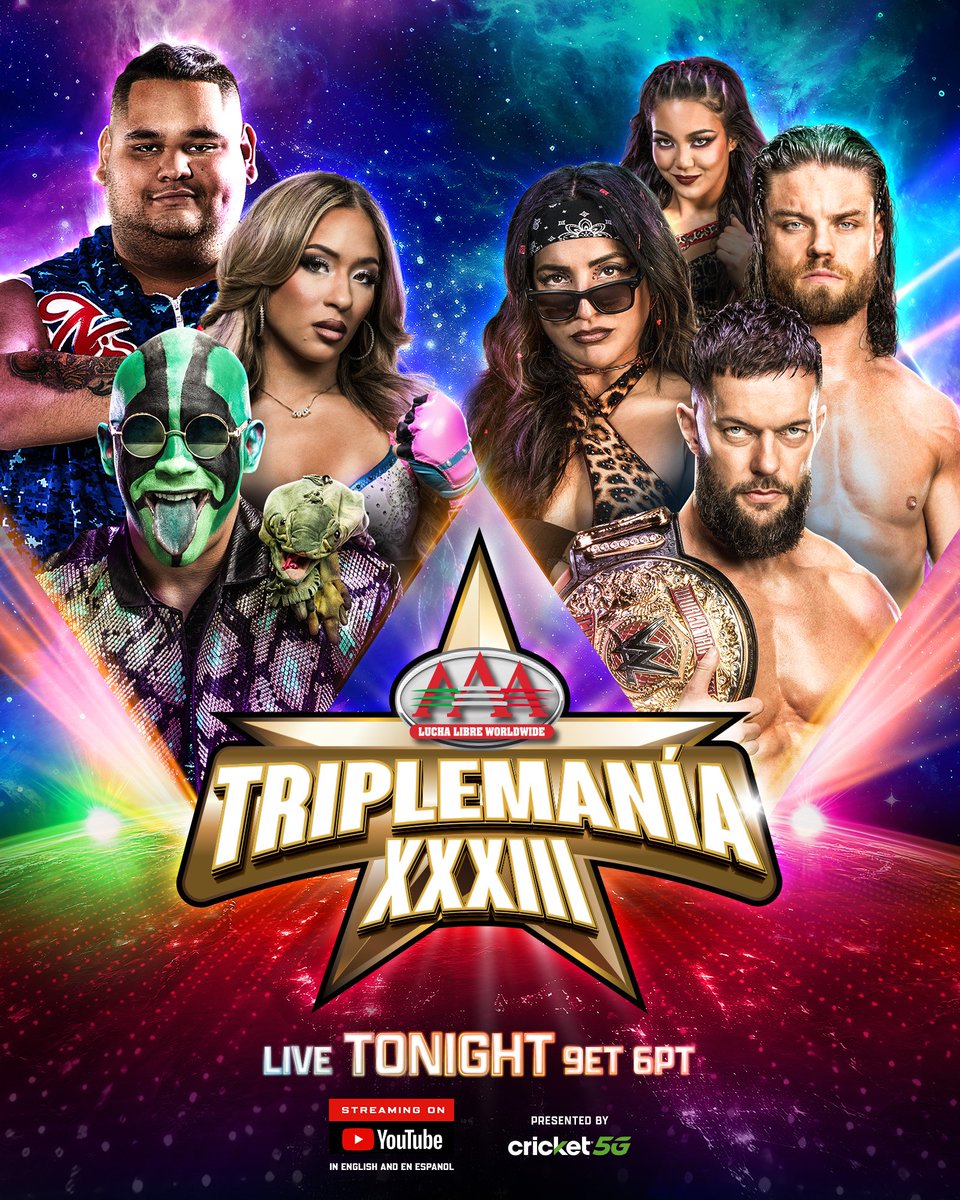 Hoje a AAA apresenta a #Triplemania e teremos a presença da WWE no evento.

AAA Reina de Reinas: Lady Flammer (c) vs Faby Apache vs Natalya

The Judgement Day vs Mr. Iguana, Niño Hamburguesa &amp; Lola Vice.

O evento passará ao vivo no youtube da WWE e começa às 22h.