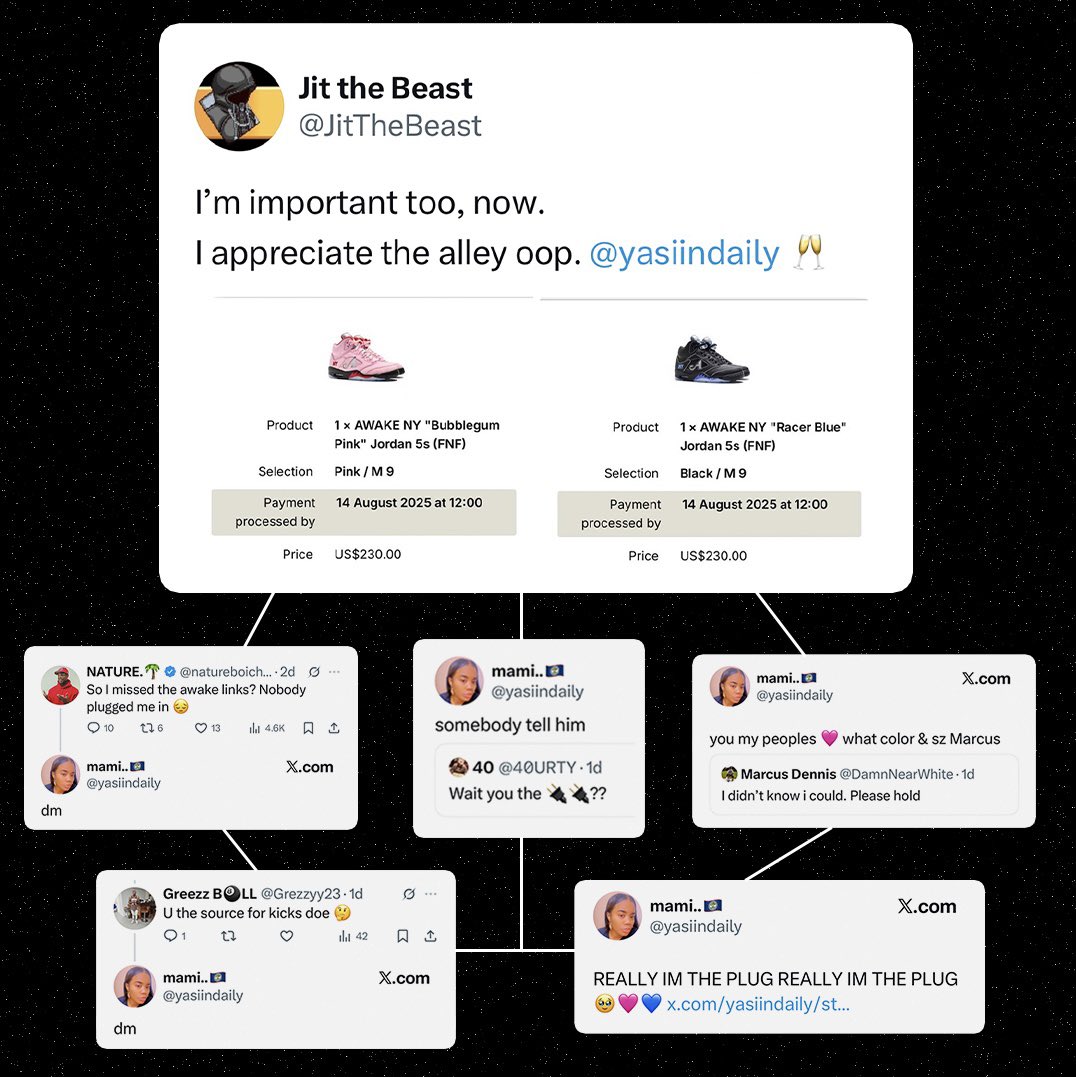 The alleged scammer began to promote herself as the plug for the Awake x Air Jordan 5 after this tweet confirming she could secure people early pairs via the F&amp;F link.